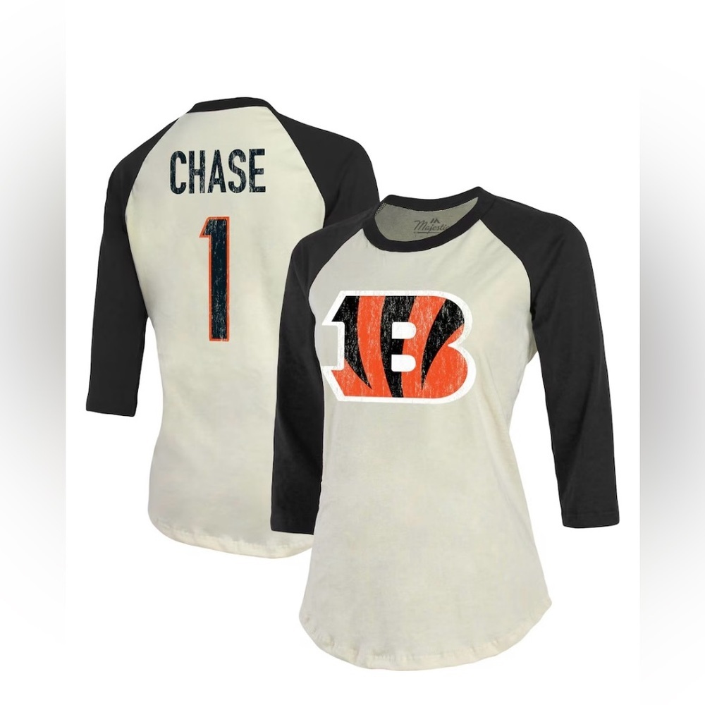 NWT women's Majestic Threads Ja'Marr Chase Cream/Black Cincinnati Bengals